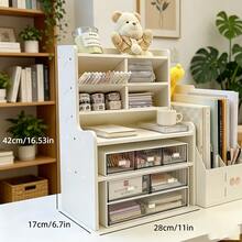 1pc Clean White Multi-Tier Desktop Storage Shelf, Upgraded Thickened Durable Plastic Rectangular Organizer, Multi-Compartment Desk Storage Solution For Cosmetics, Stationery And Books, Perfect For Home Workspaces, Offices & Student Dorms - White Small Size - View 4