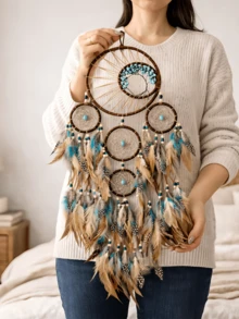 1pc Retro Turquoise Dreamcatcher With Life Tree Decorative Hanging Ornament, Colorful Feather Wind Chime Wall Decoration (Feathers Are Artificial) Gifts Birthday Graduation - Turquoise Rings - View 2