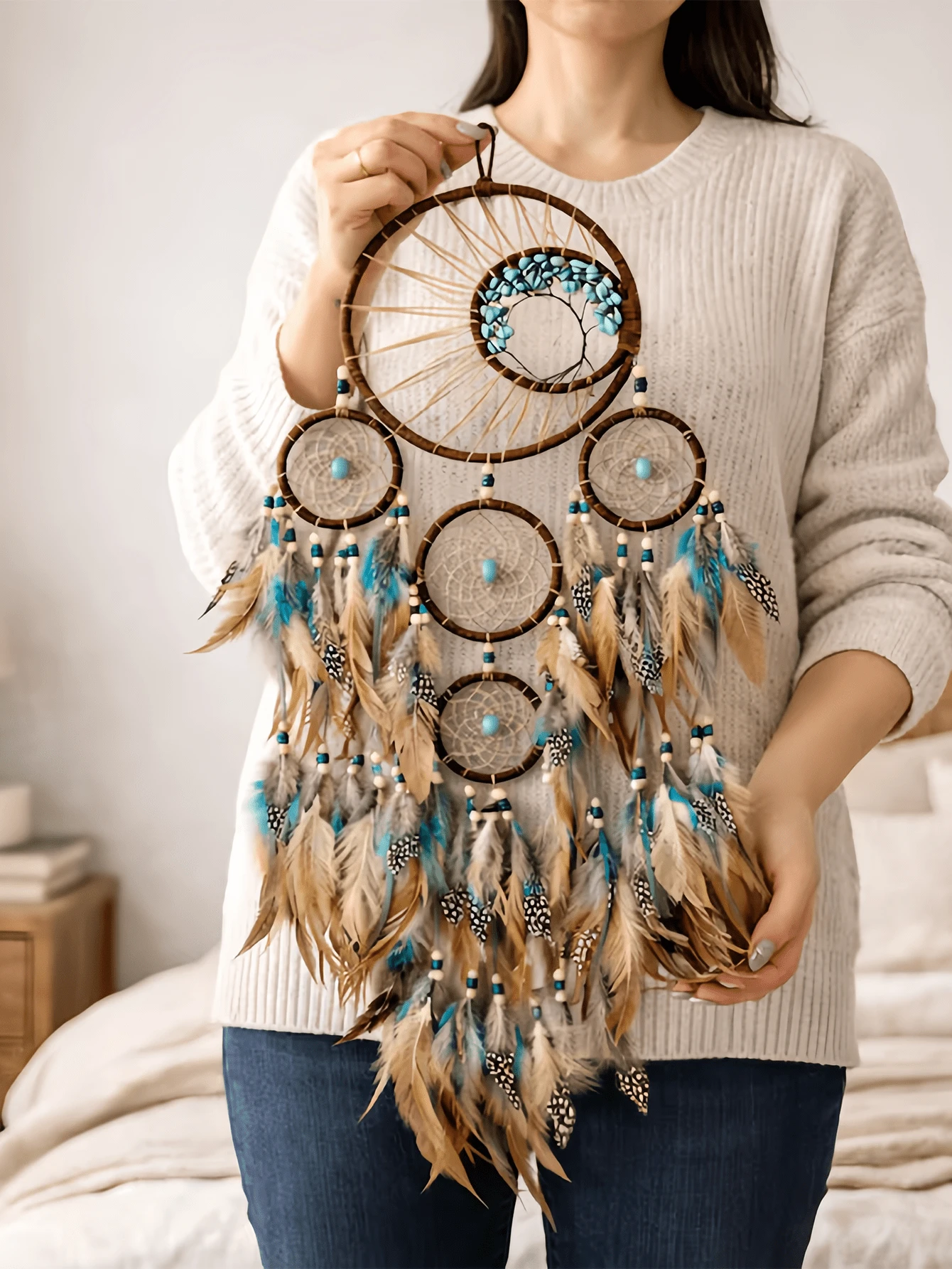 1pc Retro Turquoise Dreamcatcher With Life Tree Decorative Hanging Ornament, Colorful Feather Wind Chime Wall Decoration (Feathers Are Artificial) Gifts Birthday Graduation