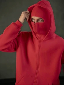 Balaklava, A Must-Have Item For Social Anxiety Sufferers. A Face-Covering Style, Loose Large-Sized And Long Double-Layered Hooded Zipper-Style Pullover Hoodie And Hooded Sweater. Suitable For Men's Autumn/Winter Clothing, Halloween Costumes, Christmas Costumes, Men's Outerwear, Fashionable Style, Men's Hooded Sweater. - 紅色 - 查看 3
