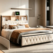 Superaly Upholstered Bed 180 X 200 Cm, Modern Double Bed With Storage, 4 Large Drawers, Headboard, Slatted Frame, Storage Bed Frame, Youth Bed, Velvet, Beige - 米色 - 查看 5
