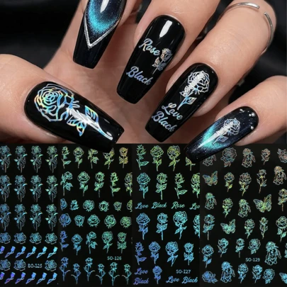 4 miếng dán móng tay hiệu ứng hologram Aurora - Hình trái tim, hoa hồng, bướm nhiều màu sắc - Trang trí móng tay theo phong cách lãng mạn/Dành cho tiệc tùng/đám cưới/lễ hội âm nhạc - Miếng dán trang trí móng tay tự làm