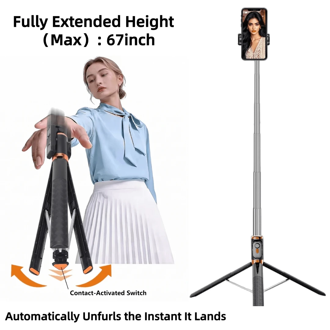 Gậy selfie Bluetooth có thể kéo dài 67 inch với chân máy gập một chạm, thích hợp cho phát trực tiếp và chụp ảnh.