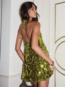 Women's Halter Mini Dress Sparkly Sequin Sleeveless Backless Dress For Party Date Night Wear - xanh quân đội - Xem 4