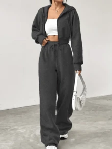 Conjunto de chaqueta con cremallera y pantalones para mujer - Negro - Ver 5