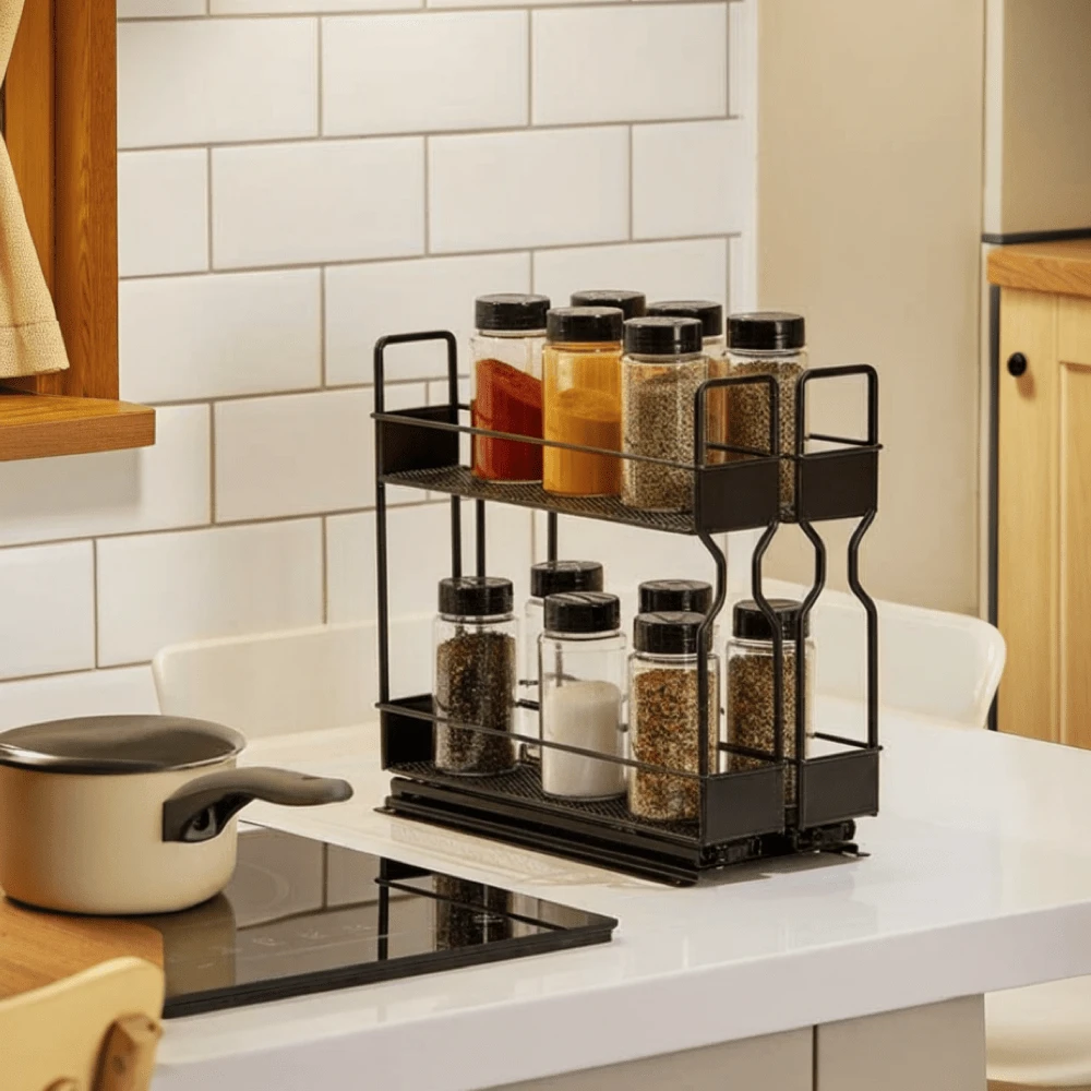 Slide-Out Double-Layer Spice Rack Storage For Kitchen Cabinets, Smooth Sliding Rails Anti-Rust, No Drill Easy Install, Adjustable Width Kitchen Organizer - Xem 5