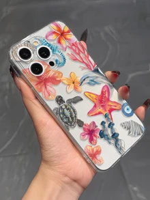 1pc Transparent Minimalist Colorful Underwater Sea Turtle Phone Case, Compatible With Iphone 16 Pro Max, 15, 14 Plus, 13, 12, 11 And Series - Multicolor - View 3