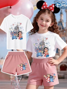 Disney Boys And Girls Summer Set, Children's Pure Cotton Two-Piece T-Shirt And Shorts Combination, Cute Lilo And Stitch Printed T-Shirt Shorts Set, Short Sleeved Round Neck T-Shirt, Soft Fabric, Perfect Gift For Boys, Ideal Choice For Outdoor Activities, Disney Cartoon Style - Trắng + Hồng - Xem 1