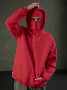 Balaklava, A Must-Have Item For Social Anxiety Sufferers. A Face-Covering Style, Loose Large-Sized And Long Double-Layered Hooded Zipper-Style Pullover Hoodie And Hooded Sweater. Suitable For Men's Autumn/Winter Clothing, Halloween Costumes, Christmas Costumes, Men's Outerwear, Fashionable Style, Men's Hooded Sweater. - 紅色 - 查看 2