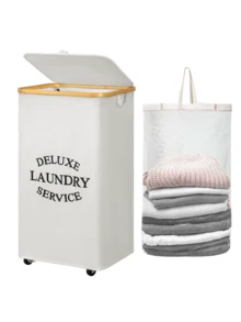 Giỏ đựng quần áo bẩn bằng tre cỡ lớn có bánh xe - Bao gồm lớp lót lưới, tay cầm và nắp đậy, giỏ đựng quần áo bẩn có thể gấp gọn, giỏ đựng quần áo bẩn dung tích cực lớn, thùng đựng quần áo bẩn bằng vải có thể gấp lại. - Nhiều màu - Xem 11