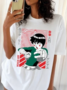 Rock Leess Drunken Fist Print T-Shirt, Casual Top For 90s Anime Fans - White - View 1