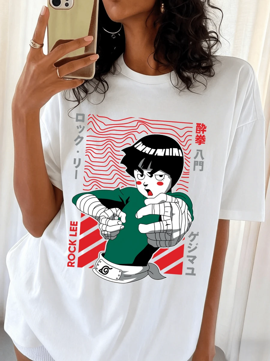 Rock Leess Drunken Fist Print T-Shirt, Casual Top For 90s Anime Fans - White - View 1