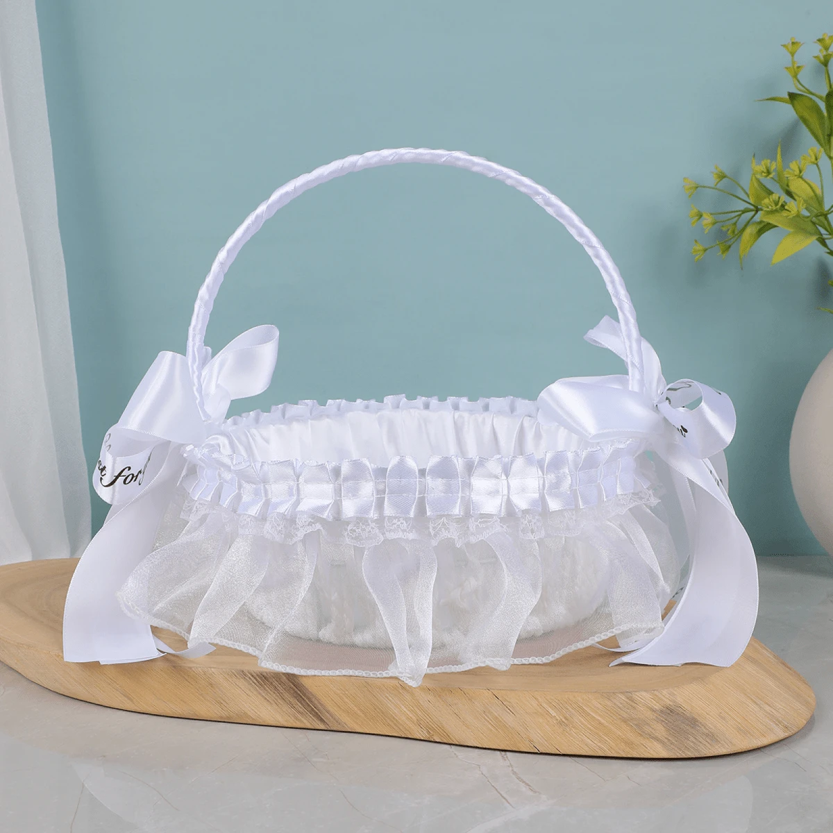 Flower Girl Baskets Western Ruffle Trim Wedding Basket With 3D Letter Bows For Party Prom Celebration - Putih - View 1