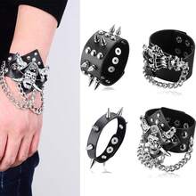 1-4 chiếc vòng tay da bản rộng, đính đinh tán hình đầu lâu quỷ dữ phong cách Punk Rock Gothic Biker màu đen, có thể điều chỉnh kích thước, dành cho nam giới. - Bạc - Xem 1