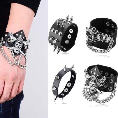 1-4 piezas Pulsera de cuero ancha con remaches, tachuelas y calavera de estilo punk rock gótico para hombres, ajustable