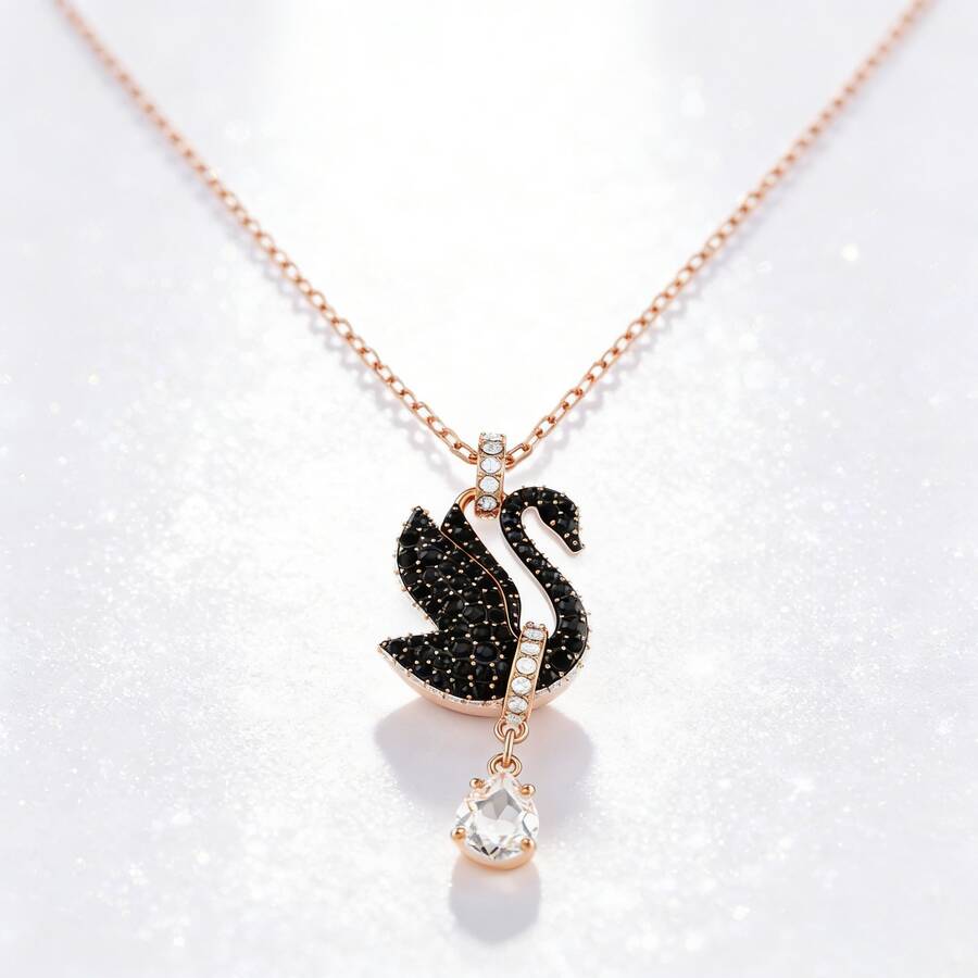 SWAROVSKI SWAN Mặt dây chuyền hình thiên nga thanh lịch mới, Dây chuyền bạc dành cho nữ, Ngày của Mẹ, Giáng sinh, Bạn gái, Quà tặng sinh nhật - màu đen - Xem 1