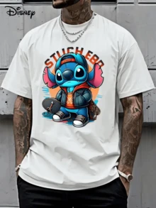 (Disney Licensed)Disney Lilo & Stitch Men's T-Shirt, Skateboard Stitch Streetwear Graphic Tee, Oversized Crew Neck Short Sleeve Casual T-Shirt, Cool Stitch In Denim Jacket With Skateboard Print Men's Hip Hop Summer Top, Disney Officially Authorized Men's Short-Sleeved T-Shirts, Mens Clothes, Men, Ropa De Hombre, Summer Clothes, Men Shirts, Graphic Tees, Disney Outfits Men, Graphic Tees, Camisetas Para Hombre, Camisas Para Hombre, Summer Outfits For Men, Father's Day Gift, Perfect Gift For Family And Friends, Which Are Necessary For Birthday Parties, Disney Shirts, Mens Clothes, Summer Clothes, Officially Licensed Disney T-Shirts, Disney Men's And Women's Spring/Summer Fashion Casual Short-Sleeve T-Shirts - 白色 - 查看 1