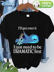 Disney-Licensed Lilo & Stitch Reclining Cuddly Doll, Featuring A Dramatic Text Print, This Women's Crew Neck T-Shirt Is Perfect For Spring, Summer, And Autumn, Suitable For Wearing Alone Or As A Layering Piece. A New, Versatile, Casual, Soft, And Comfortable Style. - 黑色 - 查看 1