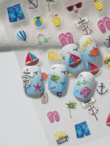 Adesivo de unhas em relevo 3D com elementos temáticos de praia tropical - maiô, âncora, palmeira, sol, veleiro, coquetel, chinelos e a frase "VERÃO/Noites de Verão". Cores vibrantes e alegres com efeito glitter, perfeitas para férias na praia, festas de verão, looks tropicais, unhas decoradas para meninas, estudantes, mães, iniciantes em nail art e amantes do verão. - Multicolorido - Ver 9