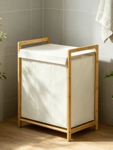 Bamboo Laundry Basket With Shelf, Foldable Dirty Clothes Storage Basket, Bathroom Towel Rack Storage Cabinet With Louvered Door - Multicolor - View 5