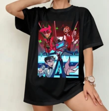 HazbinHotel Entire Cast Retro Anime Collage T-Shirt | Nostalgia Unisex Crew Neck Fan Merch Black - Black - View 9