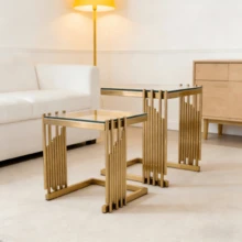 2-Piece Modern Square End Table Set For Living Room: Small Gold Side Table With Clear Tempered Glass Desk And Gold Stainless Steel Legs For Bedroom, Sofa, Balcony - 金色 - 查看 11