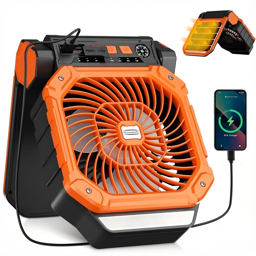 1 Portable Solar Outdoor Fan, Camping Fan With 3 LED Light Modes, USB Charging, Adjustable Wind Speed And Angle, Equipped With Solar Panel, 7800mAh High-Capacity Battery, Ultra Quiet, Timed Fishing Camping Tent Fan Outdoor Tool Accessory