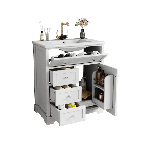 76x46x87cm Badezimmer-Standschrank Mit Waschbecken, Unterschrank, Feuchtigkeitsbeständiger Lackierung, Geräuscharmer Schubladenführung, Türrahmen, Klappschublade, Keramikwaschbecken, Keramikwasch,Weiß