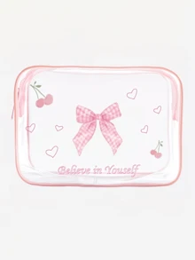 1pc Cute Pink Bow Makeup Bag, PVC Cosmetic Bag, Non-Fading Zipper, Lightweight Foldable Storage Pouch, Perfect Gift For Birthday, Friends And Holidays, Birthday Gift Bag, Funny Design Bag, Double-Sided Printing, Otter Pattern, Summer Bag, Ramadan Bag, Makeup Bag, Wallet, Backpack, Toiletry Bag, Travel Organizer - Pink - View 3