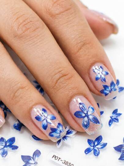 1 pieza Nuevos adhesivos de uñas con flor azul de 5 pétalos, decoración de uñas con relieve autoadhesivo de un solo uso, decoración de manicura única, superficie brillante, forma asimétrica, adecuado para uñas de mujer, cuidado de los pies, maquillaje de fiesta
