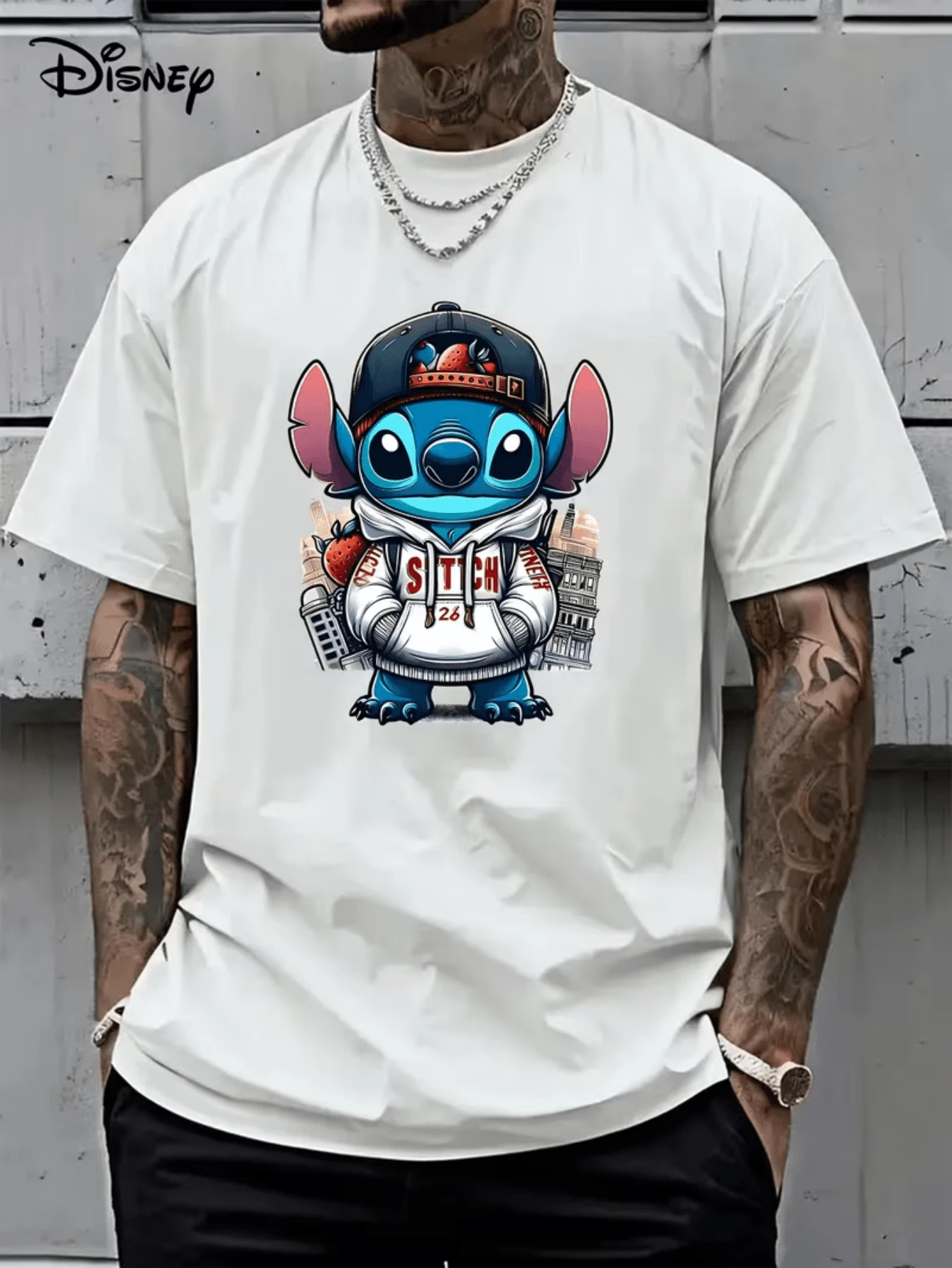 (Disney Licensed)Disney Lilo & Stitch Men's T-Shirt, City Style Stitch Streetwear Graphic Tee, Oversized Crew Neck Short Sleeve Casual T-Shirt, Stitch In Hoodie And Cap With Strawberry Print Men's Hip Hop Summer Top, Disney Officially Authorized Men's Short-Sleeved T-Shirts, Mens Clothes, Men, Ropa De Hombre, Summer Clothes, Men Shirts, Graphic Tees, Disney Outfits Men, Graphic Tees, Camisetas Para Hombre, Camisas Para Hombre, Summer Outfits For Men, Father's Day Gift, Perfect Gift For Family And Friends, Which Are Necessary For Birthday Parties, Disney Shirts, Mens Clothes, Summer Clothes, Officially Licensed Disney T-Shirts, Disney Men's And Women's Spring/Summer Fashion Casual Short-Sleeve T-Shirts - White - View 1