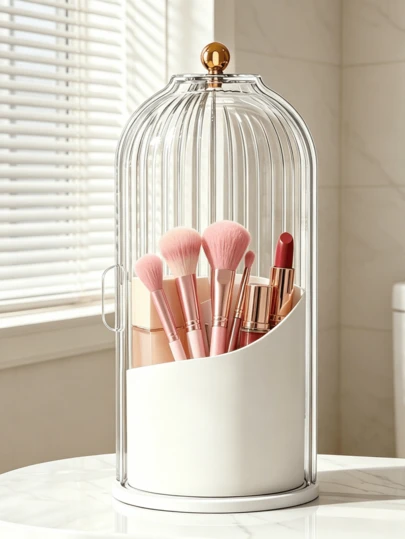 Makeup Brush Holder With Lid Storage Box With Diamond Pattern 360 Rotating Waterproof Dustproof For Vanity Bathroom White