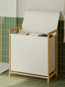 Bamboo Laundry Basket With Shelf, Foldable Dirty Clothes Storage Basket, Bathroom Towel Rack Storage Cabinet With Louvered Door - Multicolor - View 2