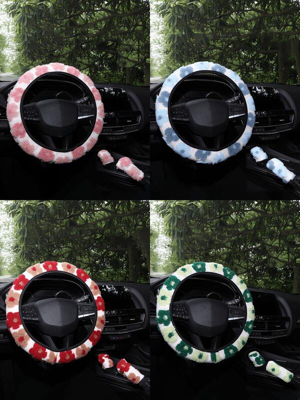 3 Stücke süße Blumen Plüsch Lenkradbezug, warm & bequem als Winter Auto Dekorationszubehör, passend für 14,5-15 Zoll Lenkrad, unisex, Autozubehör