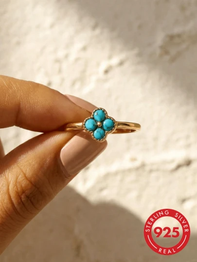 1枚复古绿松石四叶草戒指，女士S925纯银细戒圈戒指，拇指戒指，精致珠宝礼品