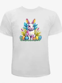 A White Rabbit Surrounded By Colorful Eggs And Blue Leaves Symbolizes Joy, Hope, And Positive Energy For Celebrating Special Moments. A Comfortable, Casual Men's T-Shirt For Everyday Wear And Outdoor Activities. - 白色 - 查看 8