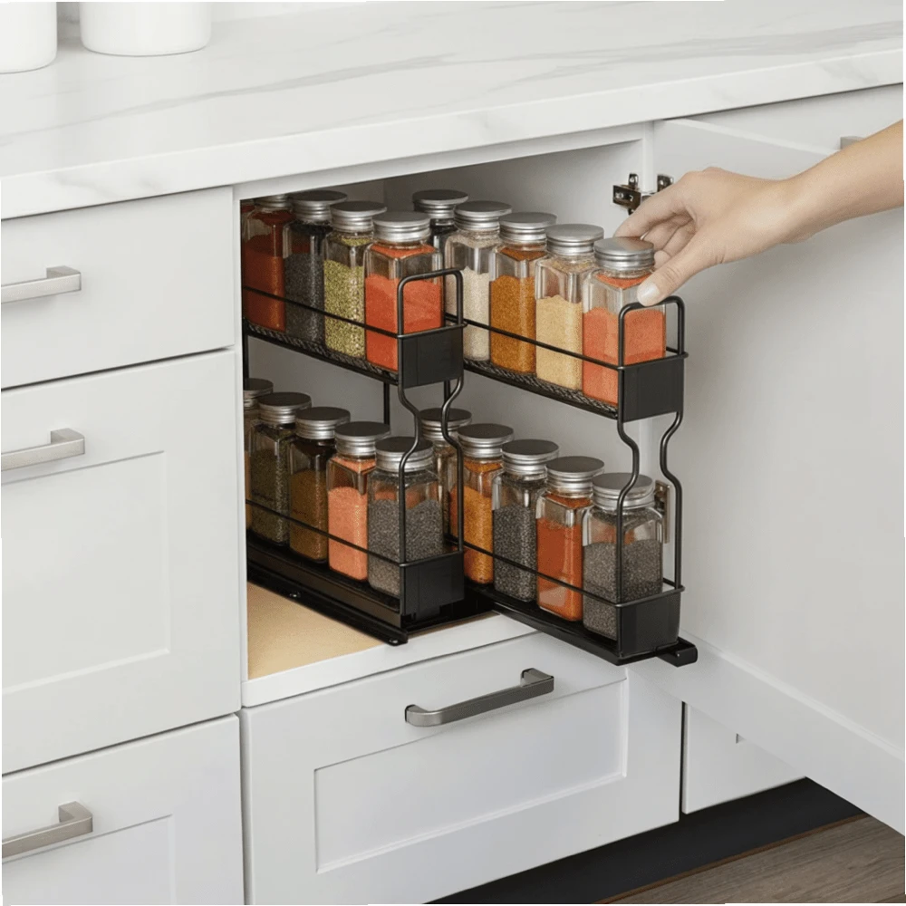 Slide-Out Double-Layer Spice Rack Storage For Kitchen Cabinets, Smooth Sliding Rails Anti-Rust, No Drill Easy Install, Adjustable Width Kitchen Organizer - 查看 1