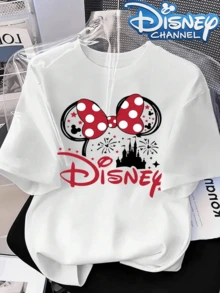 [Disney Official Authorization] Disney Authentic, Licensed, New Women's Casual Ribbed Crew Neck Short-Sleeved T-Shirt With Minnie Mouse Ears Print. Versatile And Retro Style, Suitable For Spring, Summer, And Autumn. Available In Sizes XS-XXL.Made From Soft, Comfortable, And Durable Pure Cotton, This Is An Ideal Choice For Spring And Summer. This Crew Neck T-Shirt Is Suitable For Various Occasions, Including Everyday Wear, Shopping, Parties, Travel, And Gatherings, And Also Makes A Thoughtful Gift. - 白色 - 查看 1