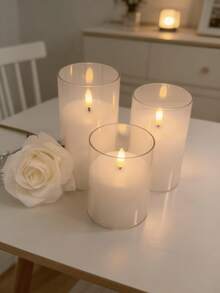 3pcs Transparent Acrylic LED Flameless Candle Set, Programmable Timer & Remote Control, Battery Powered White Pillar Candles, Home & Wedding Decor - White - View 2