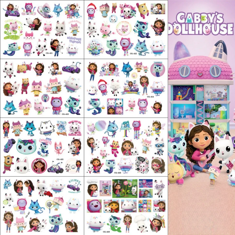 1张 Gabby's Dollhouse 儿童临时纹身贴纸,卡通水转印假纹身贴纸,儿童生日派对小礼物,礼品袋填充物,课堂奖励,派对用品 - 彩色 - 查看 1