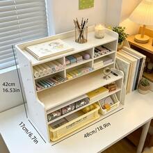 Upgraded Thickened Multi-Tier Desktop Shelf 1 Piece, Durable Plastic Rectangular Desk Organizer With Multi-Compartment Design, All-Purpose Storage For Cosmetics, Books & Stationery, Clean White Tabletop Storage For Home, Office & Dormitory - 白色大號 - 查看 10