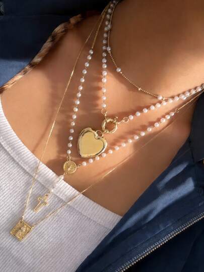 4件套优雅十字架、心形、圣母玛利亚吊坠项链套装，多层仿珍珠链项链，适合女性日常、约会、派对、宗教活动、叠戴。