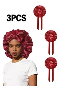3件套女士优雅缎面睡帽，带蝴蝶结和可调节系带 - 柔软护发睡眠帽，适合卷发，女士睡帽浴帽，波西米亚风 - 3個純色飄帶 - 查看 10