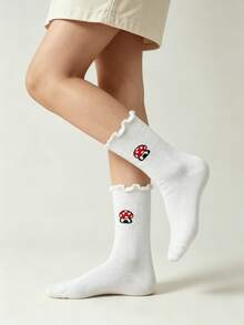 1/5 Pairs Cute Cartoon Pattern Frilled Trim Mid-Calf Socks, Versatile For Spring And Summer - Multicolor - View 9