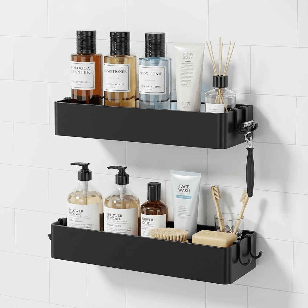2 Pack No Drill Shower Caddy, Stainless Steel Rustproof Self-Adhesive Bathroom Shelf, Strong Sticker No Nails Installation, For Tile Smooth Wall, Removable No Wall Damage Bathroom Storage Rack - Black - View 1