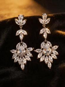 闪耀锆石花朵水滴形吊坠耳环，奢华晚宴及婚礼优雅长款耳环 - Earrings Ⅲ - 查看 2