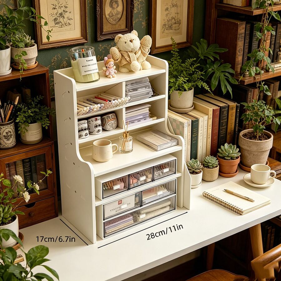 1pc Upgraded Thickened Multi-Tier Desktop Storage Shelf, Clean White Rectangular Durable Plastic Desk Organizer With Multiple Compartments, Space-Saving Sturdy Multi-Functional Tabletop Storage Rack, Versatile Storage Holder For Stationery, Books, Office Supplies, Cosmetics, Skincare, Makeup Brushes & Small Daily Sundries, Modern Minimalist Stylish Aesthetic Tabletop Decoration, Practical Desk Organization Solution For College Dorm Room, Student Dormitories, Offices, Home Office, Bedroom, Study Room, Vanity Table & Apartment Renting, Perfect Practical Gift For Students, Office Workers, Back To School, Housewarming & Birthday Gift Giving - 白色小號 - 查看 1