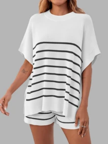 Women's Summer Lounge Striped High Waisted Shorts Oversized Batwing Short Sleeve Tops 2 Piece Knit Short Sets - trắng - Xem 2
