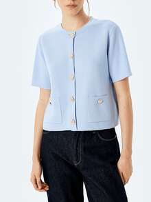 Women's Elegant Casual Knit Short Sleeve Top, Minimalist Solid Color Round Neck Knit Short Sleeve Cardigan, Outdoor Wear Summer - Blue - View 5
