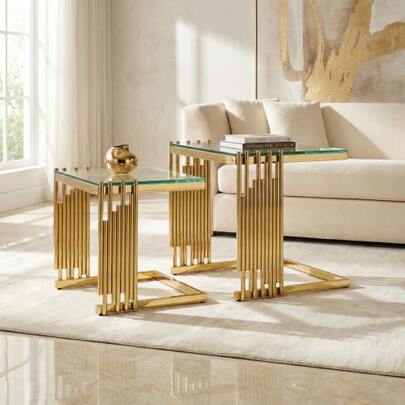 2-Piece Modern Square End Table Set For Living Room: Small Gold Side Table With Clear Tempered Glass Desk And Gold Stainless Steel Legs For Bedroom, Sofa, Balcony